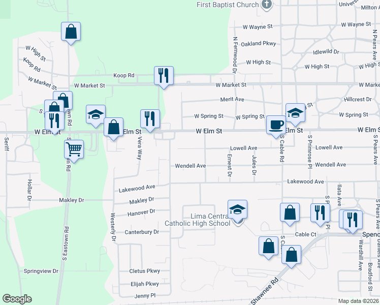 map of restaurants, bars, coffee shops, grocery stores, and more near 2813 Lowell Avenue in Lima