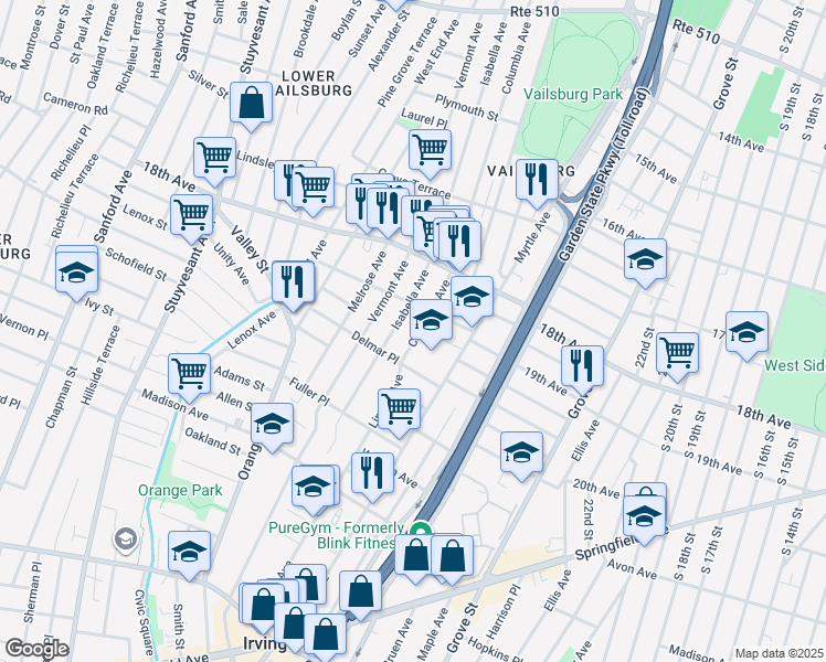 map of restaurants, bars, coffee shops, grocery stores, and more near 275 Columbia Avenue in Irvington