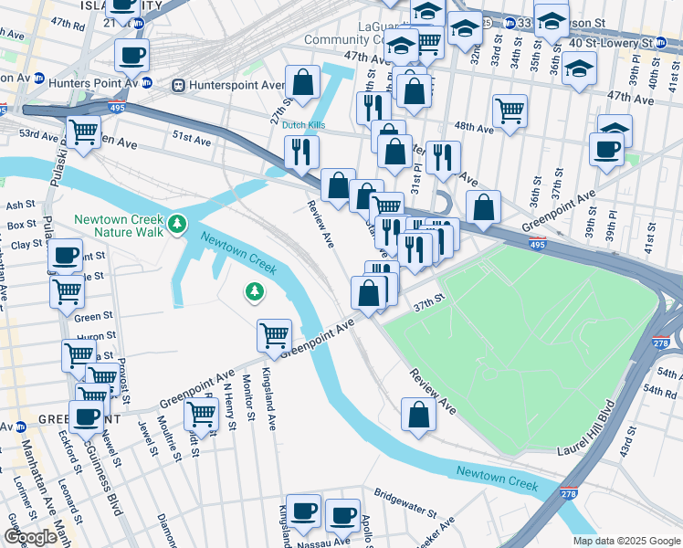 map of restaurants, bars, coffee shops, grocery stores, and more near 30-54 Review Avenue in Queens