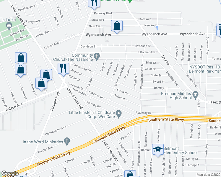 map of restaurants, bars, coffee shops, grocery stores, and more near 110 Essex Street in West Babylon
