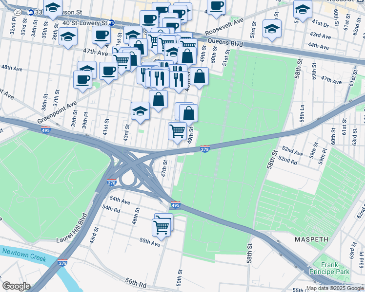 map of restaurants, bars, coffee shops, grocery stores, and more near 50-53 48th Street in Queens