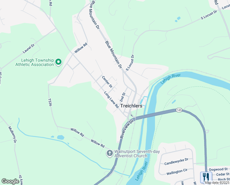 map of restaurants, bars, coffee shops, grocery stores, and more near 4363 3rd Street in Walnutport
