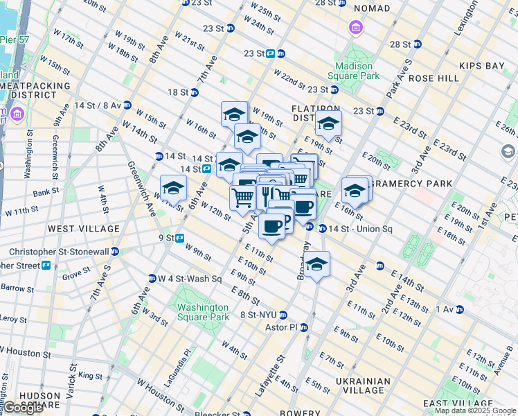 map of restaurants, bars, coffee shops, grocery stores, and more near 65 5th Avenue in New York