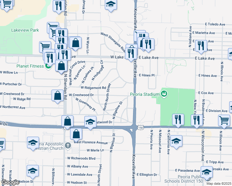 map of restaurants, bars, coffee shops, grocery stores, and more near 309 West Crestwood Drive in Peoria