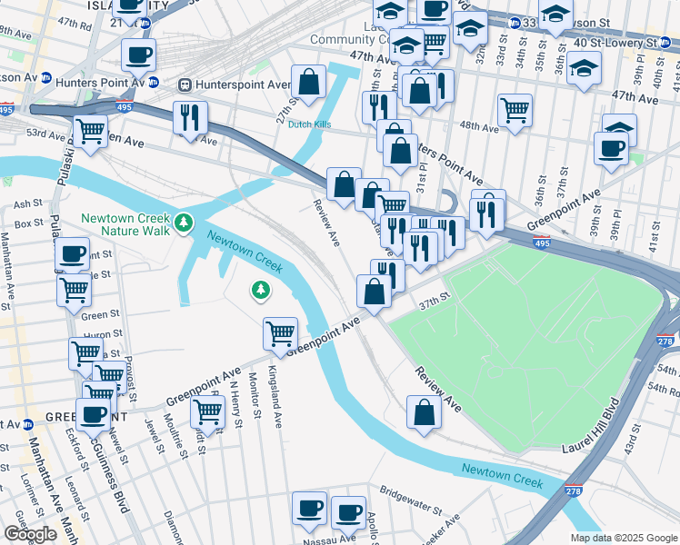 map of restaurants, bars, coffee shops, grocery stores, and more near 30-54 Review Avenue in Queens