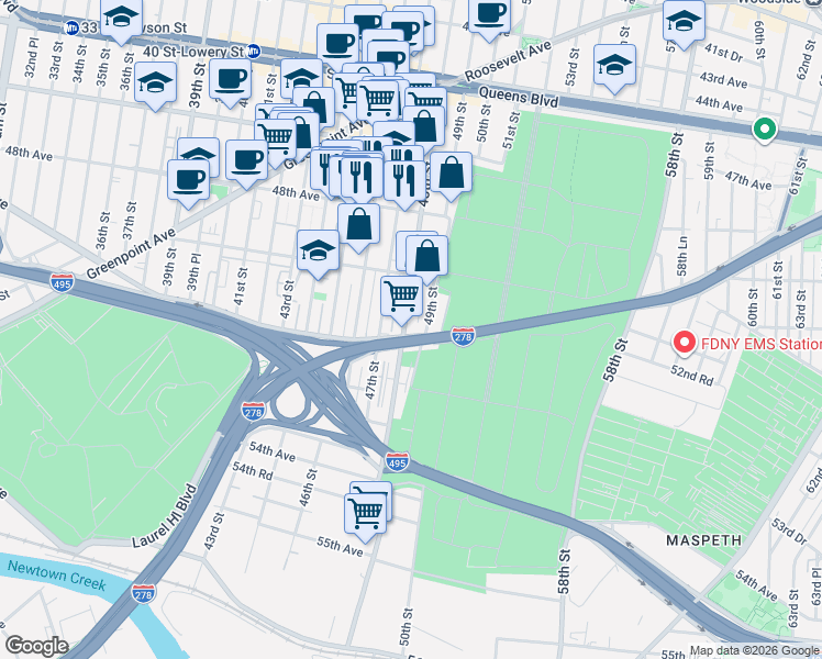 map of restaurants, bars, coffee shops, grocery stores, and more near 50-53 48th Street in Queens