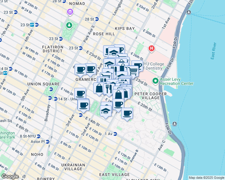 map of restaurants, bars, coffee shops, grocery stores, and more near 306 East 20th Street in New York