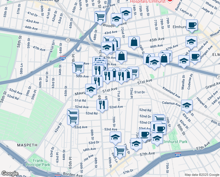 map of restaurants, bars, coffee shops, grocery stores, and more near 69-43 51st Avenue in Queens