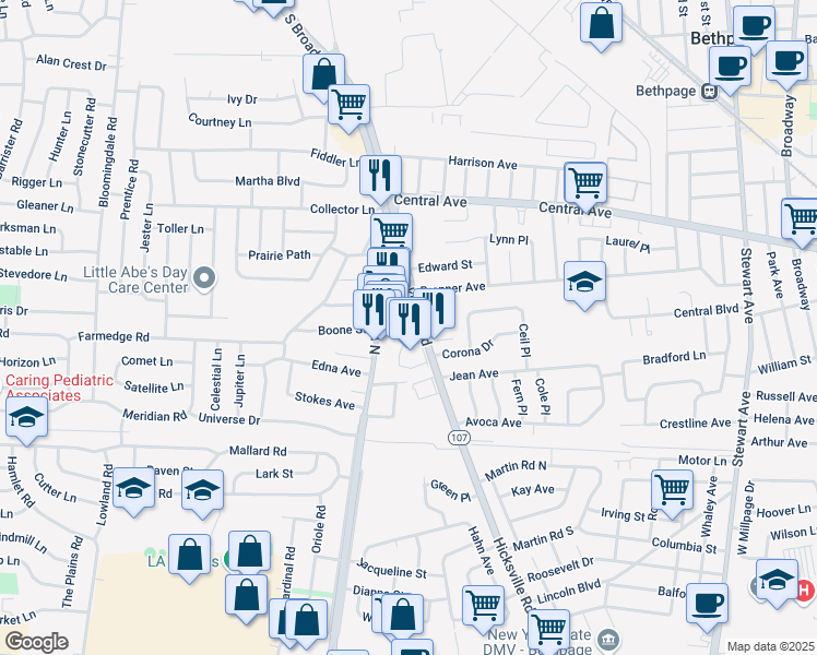 map of restaurants, bars, coffee shops, grocery stores, and more near 355 Hicksville Road in Bethpage