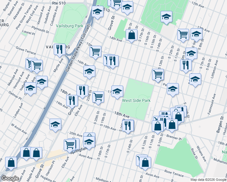map of restaurants, bars, coffee shops, grocery stores, and more near 287 17th Ave in Newark