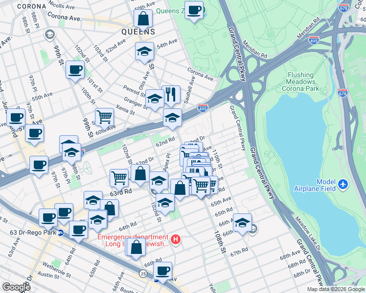 map of restaurants, bars, coffee shops, grocery stores, and more near 62-59 108th Street in Queens