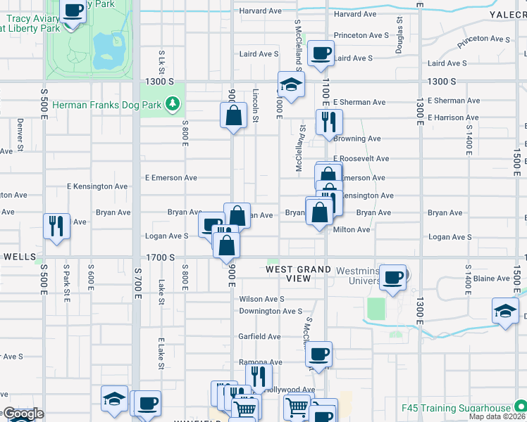 map of restaurants, bars, coffee shops, grocery stores, and more near 959 Bryan Avenue in Salt Lake City