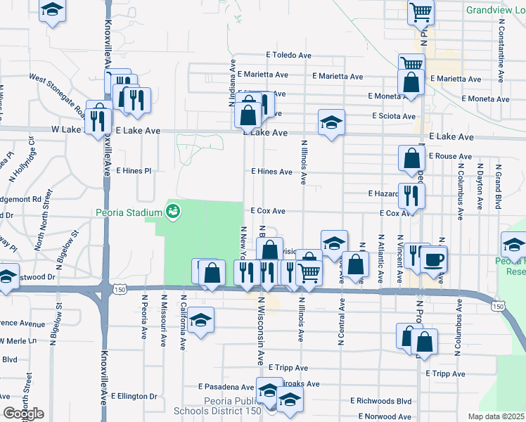 map of restaurants, bars, coffee shops, grocery stores, and more near 698 East Cox Avenue in Peoria