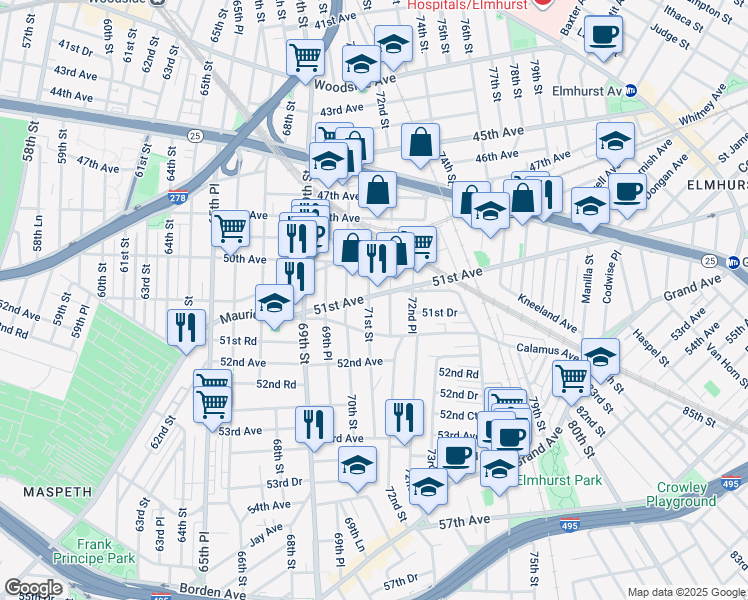 map of restaurants, bars, coffee shops, grocery stores, and more near 71-08 51st Avenue in Queens