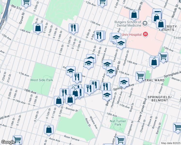 map of restaurants, bars, coffee shops, grocery stores, and more near 370 South 7th Street in Newark