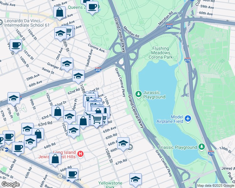 map of restaurants, bars, coffee shops, grocery stores, and more near 110-43 63rd Road in Queens