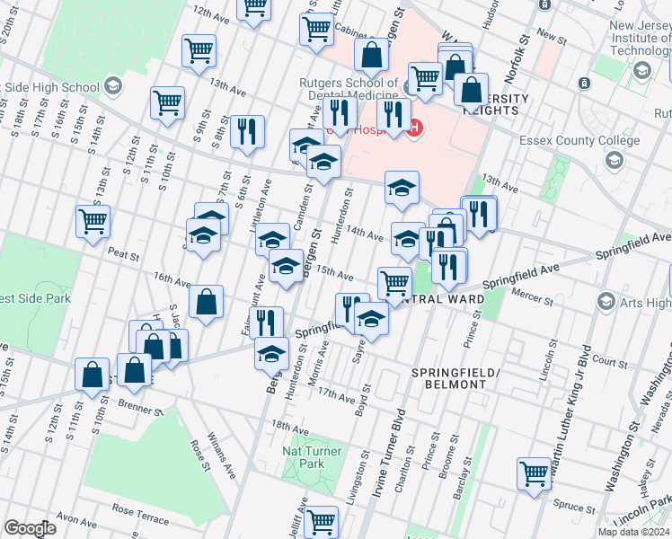 map of restaurants, bars, coffee shops, grocery stores, and more near 340 15th Avenue in Newark