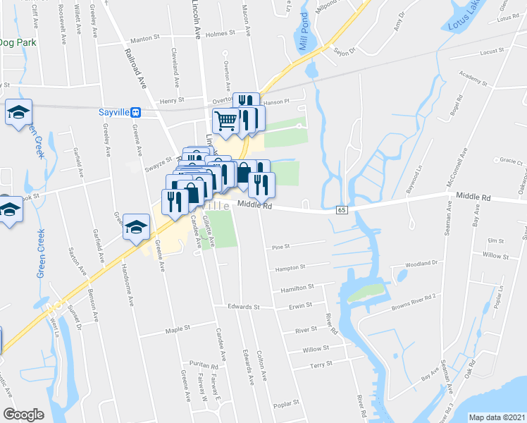 map of restaurants, bars, coffee shops, grocery stores, and more near 194 Middle Road in Sayville