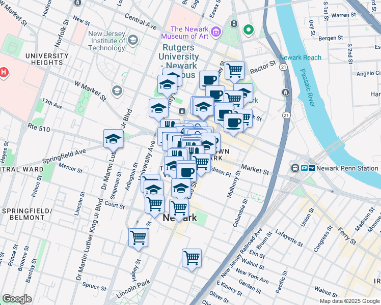 map of restaurants, bars, coffee shops, grocery stores, and more near 142 Market Street in Newark