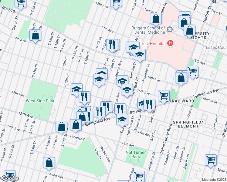 map of restaurants, bars, coffee shops, grocery stores, and more near 324 Littleton Avenue in Newark