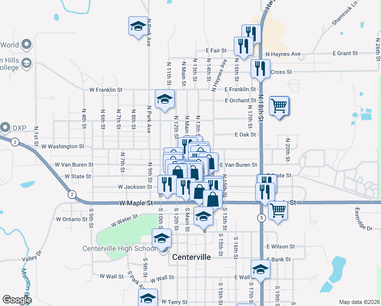 map of restaurants, bars, coffee shops, grocery stores, and more near 421 North Main Street in Centerville