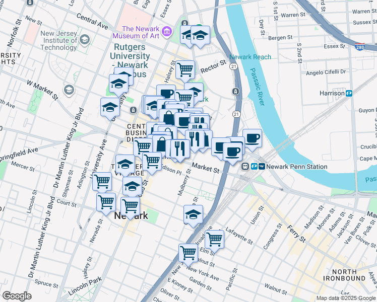 map of restaurants, bars, coffee shops, grocery stores, and more near 107 Mulberry Street in Newark