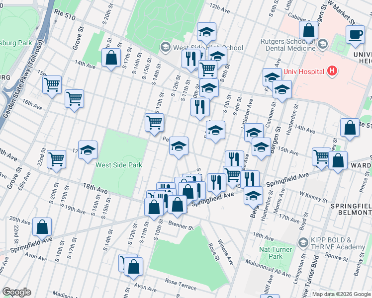 map of restaurants, bars, coffee shops, grocery stores, and more near 98-100 Holland Street in Newark
