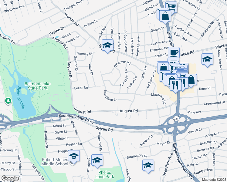 map of restaurants, bars, coffee shops, grocery stores, and more near 105 Maybrook Road in North Babylon