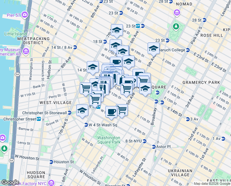 map of restaurants, bars, coffee shops, grocery stores, and more near 54 West 12th Street in New York
