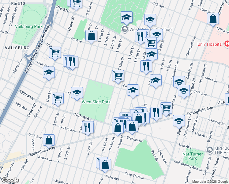 map of restaurants, bars, coffee shops, grocery stores, and more near 528 South 13th Street in Newark