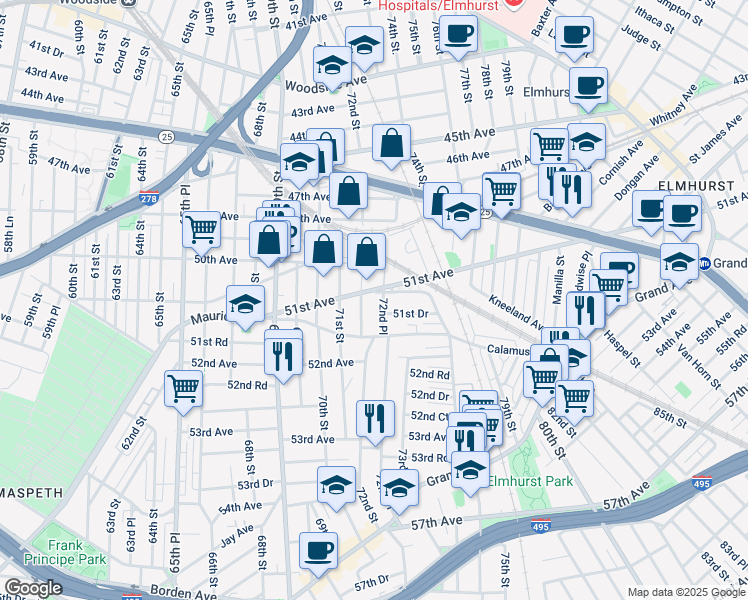 map of restaurants, bars, coffee shops, grocery stores, and more near 51-14 72nd Place in Queens