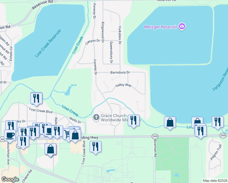 map of restaurants, bars, coffee shops, grocery stores, and more near 116 Valley Way in Lima