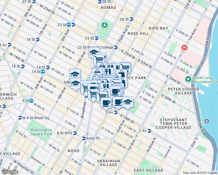 map of restaurants, bars, coffee shops, grocery stores, and more near 130 East 17th Street in New York