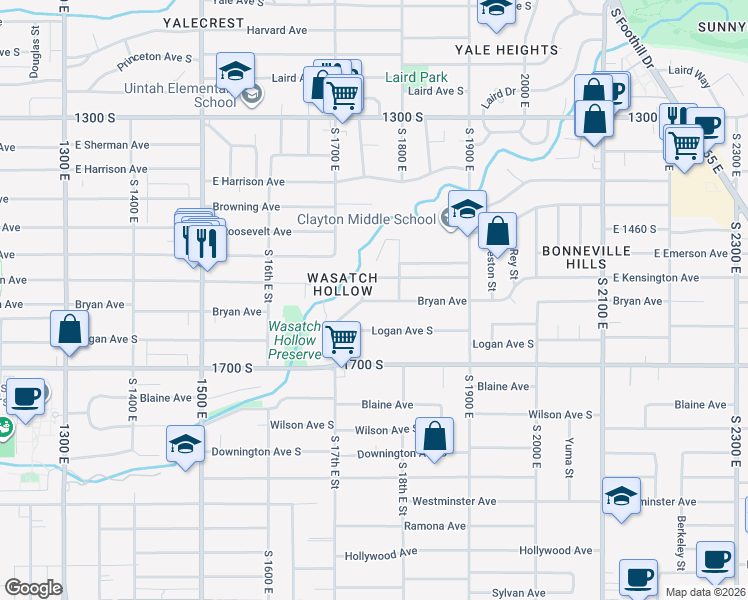 map of restaurants, bars, coffee shops, grocery stores, and more near 1770 Bryan Avenue South in Salt Lake City