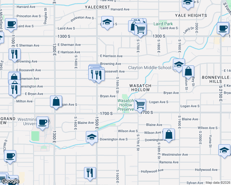 map of restaurants, bars, coffee shops, grocery stores, and more near 1561 Bryan Avenue South in Salt Lake City