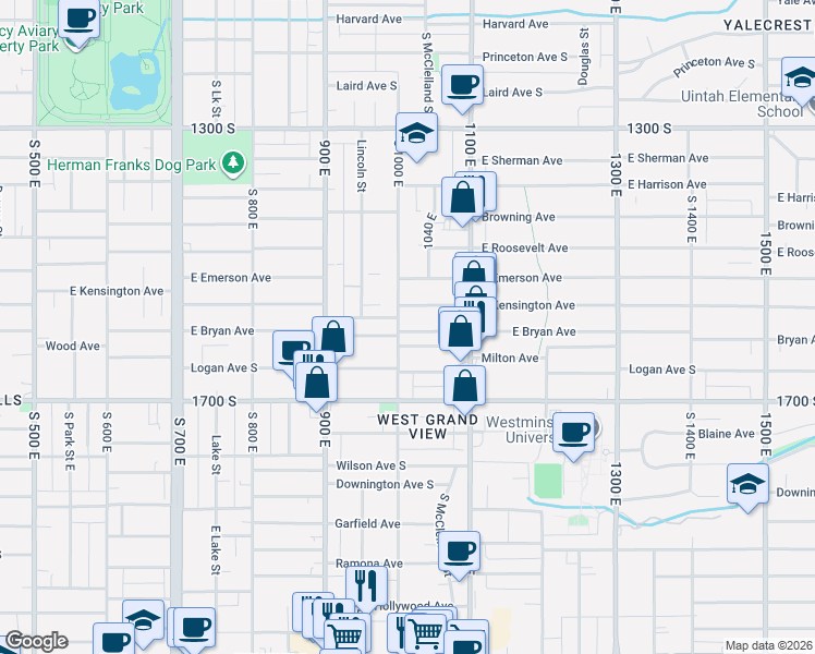 map of restaurants, bars, coffee shops, grocery stores, and more near 986 1560 South in Salt Lake City