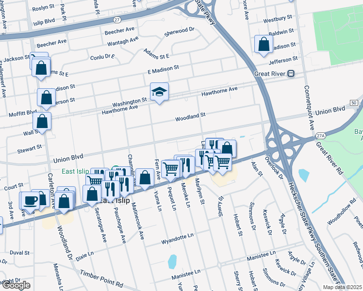 map of restaurants, bars, coffee shops, grocery stores, and more near 1 Bel Laurel Avenue in East Islip