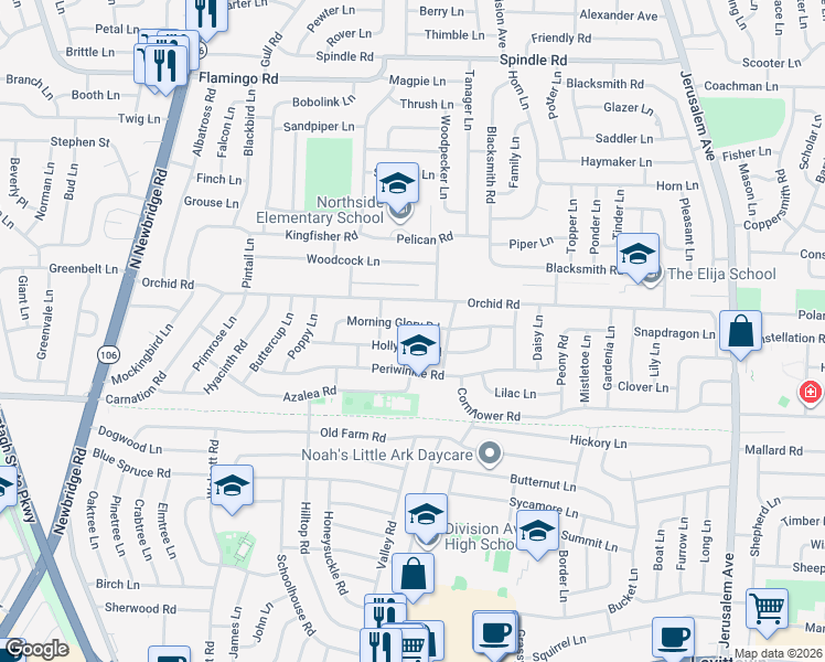 map of restaurants, bars, coffee shops, grocery stores, and more near 53 Hollyhock Road in Levittown