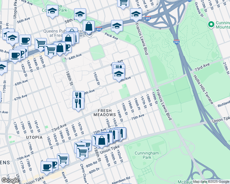map of restaurants, bars, coffee shops, grocery stores, and more near 192-50A 71 Circle in Queens