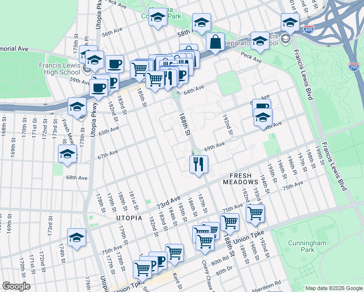 map of restaurants, bars, coffee shops, grocery stores, and more near 64-05 186th Ln in Queens