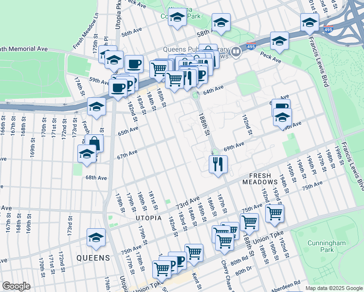 map of restaurants, bars, coffee shops, grocery stores, and more near 67-36A 186th Lane in Queens