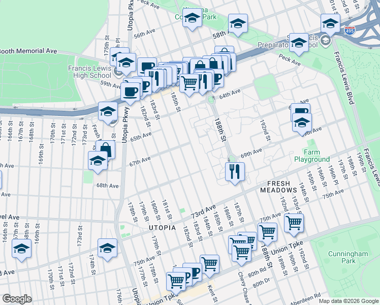 map of restaurants, bars, coffee shops, grocery stores, and more near 67-23 184th Street in Queens