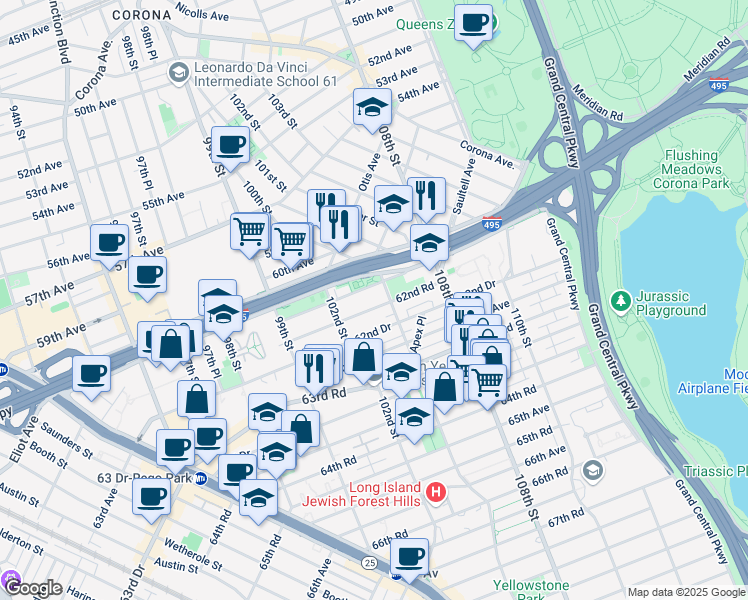 map of restaurants, bars, coffee shops, grocery stores, and more near 102-50 62nd Road in Queens