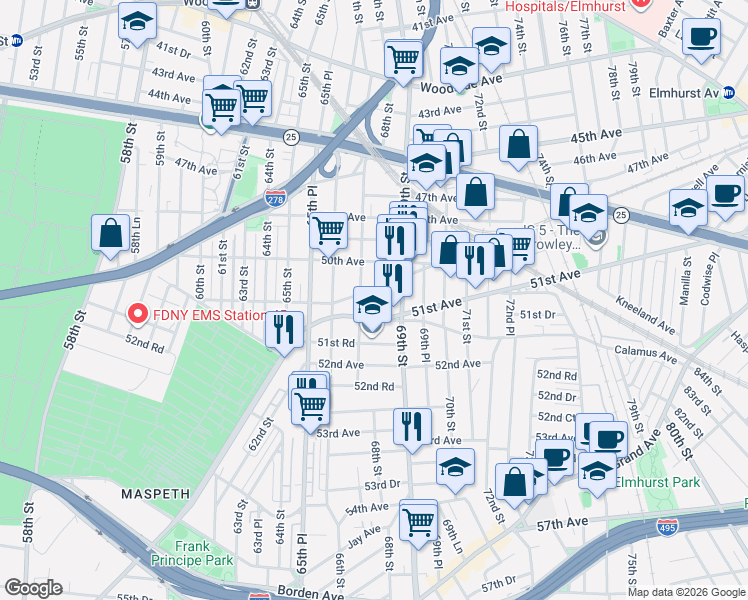 map of restaurants, bars, coffee shops, grocery stores, and more near 50-51 67th Street in Queens