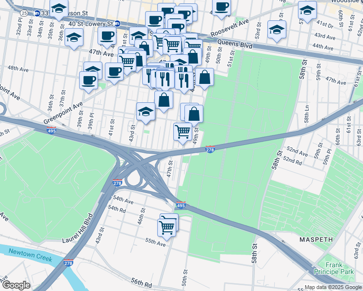 map of restaurants, bars, coffee shops, grocery stores, and more near 50-53 48th Street in Queens