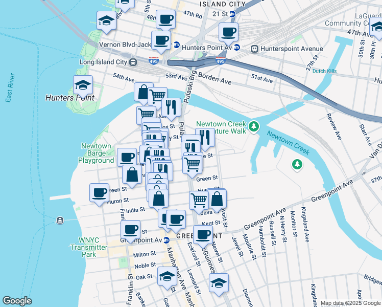 map of restaurants, bars, coffee shops, grocery stores, and more near 223 Eagle Street in Brooklyn