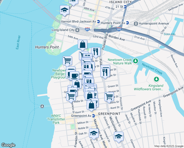 map of restaurants, bars, coffee shops, grocery stores, and more near 153 Eagle Street in Brooklyn