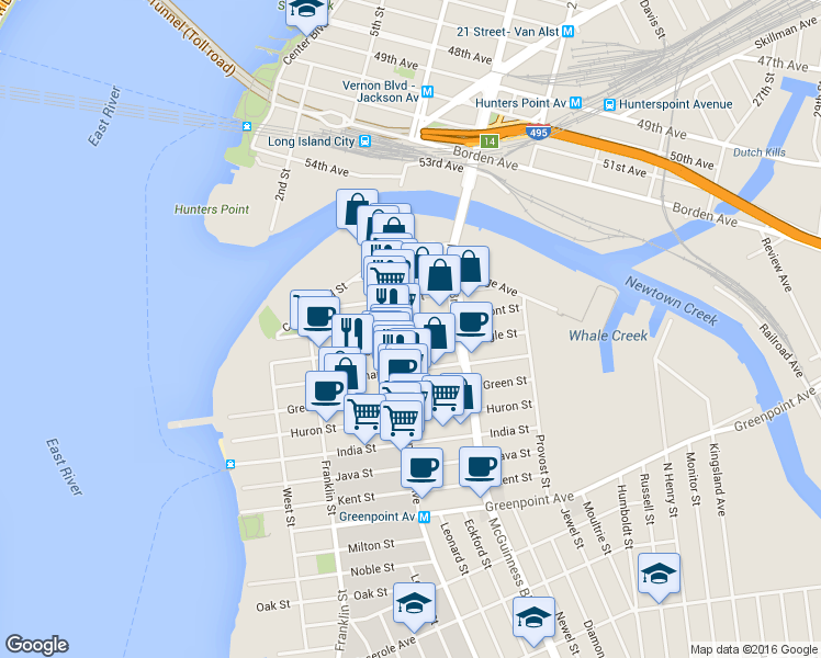 map of restaurants, bars, coffee shops, grocery stores, and more near 153 Eagle Street in Brooklyn