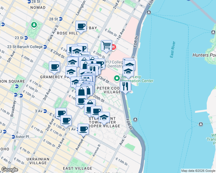map of restaurants, bars, coffee shops, grocery stores, and more near 1 Peter Cooper Road in New York