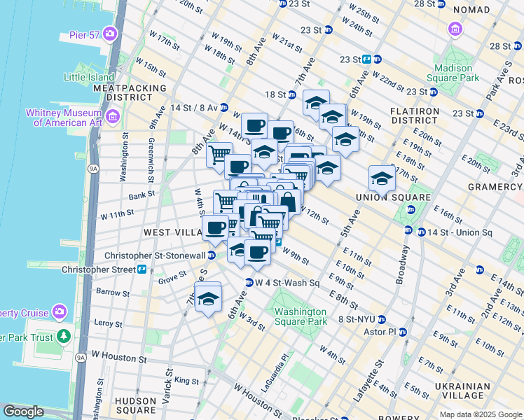 map of restaurants, bars, coffee shops, grocery stores, and more near 126 West 11th Street in New York